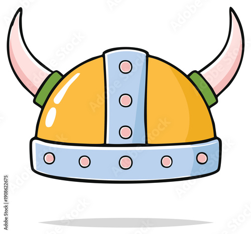 Cartoon Viking Helmet with Horns and Metal Accents Illustration