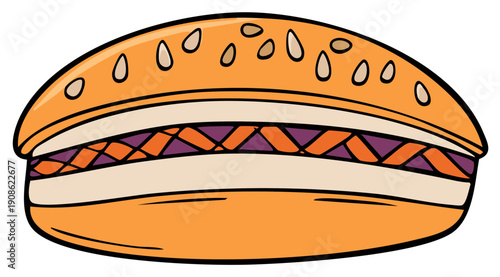 Cartoon Burger Illustration with Sesame Seeds and Textured Filling