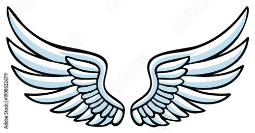 Cartoon style white angel wings spread open with light blue shading and thick black outline