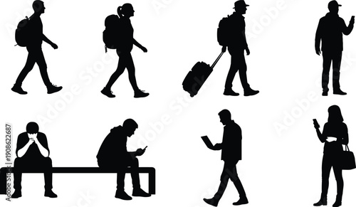 People silhouettes walking and waiting, modern travelers with backpacks luggage and smartphones, urban travel lifestyle technology concept illustration isolated collection