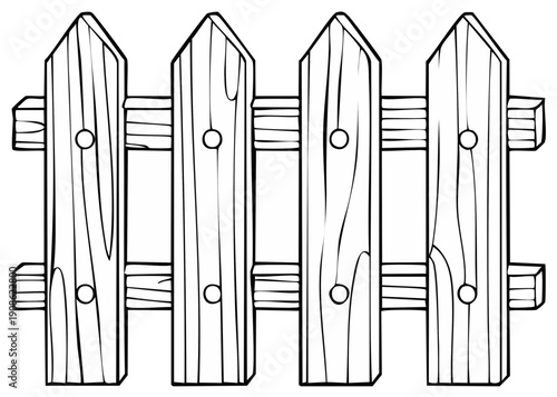 Black and white illustration of a wooden picket fence with simple design, perfect for landscaping and garden themes