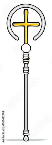 Religious Staff with Golden Cross and Silver Ring Symbolizing Faith and Authority