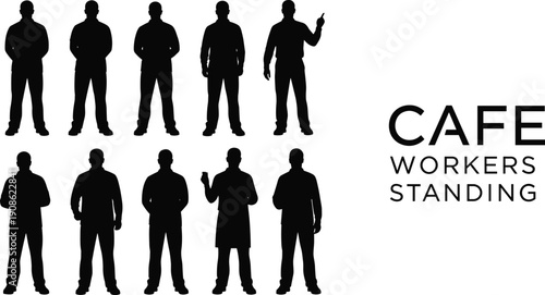 Silhouettes of cafe workers standing in various poses, barista staff teamwork concept isolated on white background vector illustration design collection
