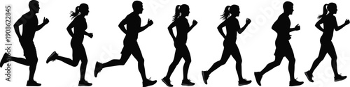 Running people silhouettes sequence, men and women jogging together, fitness training motion, healthy lifestyle sport exercise concept illustration isolated