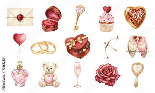 Artistic watercolor romantic collection for Valentine's Day celebration