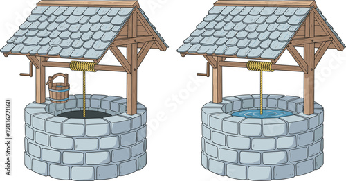 Stone water wells with wooden roofs vector illustration rustic village architecture resource concept set