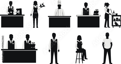 Silhouettes of cafe and restaurant workers including barista, chef, waiter, cashier standing and working isolated on white background vector illustration