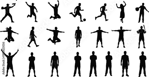 Sports people silhouettes collection, athletes running jumping playing football basketball poses, active fitness motion action concept illustration isolated vector design