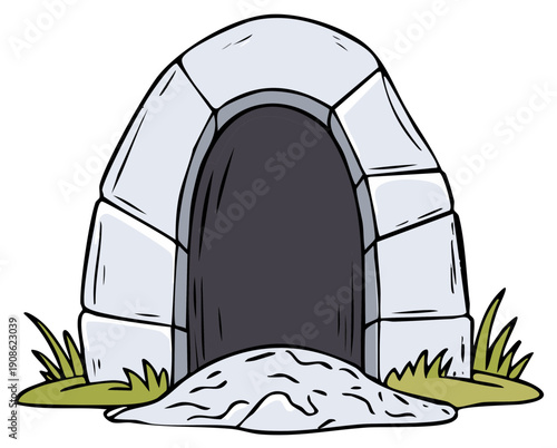 Illustration of an igloo dwelling with snow and grass elements