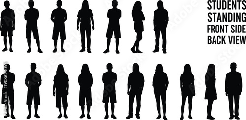 Student silhouettes standing collection, boys and girls front side back views, school youth people poses, education character illustration isolated