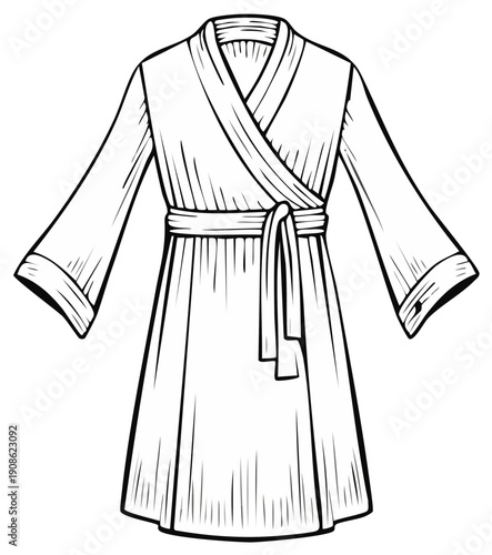 Clean Line Art Sketch of a Comfortable Wrap Robe with Belt and Wide Sleeves