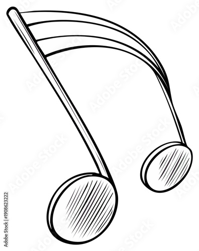 Black and white sketch of a musical eighth note symbol with dynamic curved lines representing sound