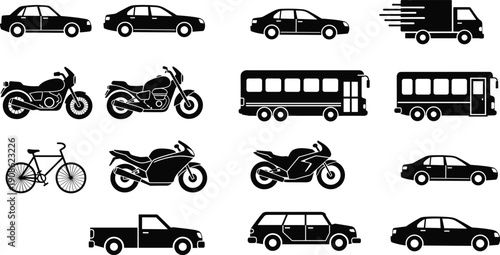Transportation silhouettes icon set, cars motorcycles buses trucks bicycle, urban traffic mobility, public and private transport illustration isolated
