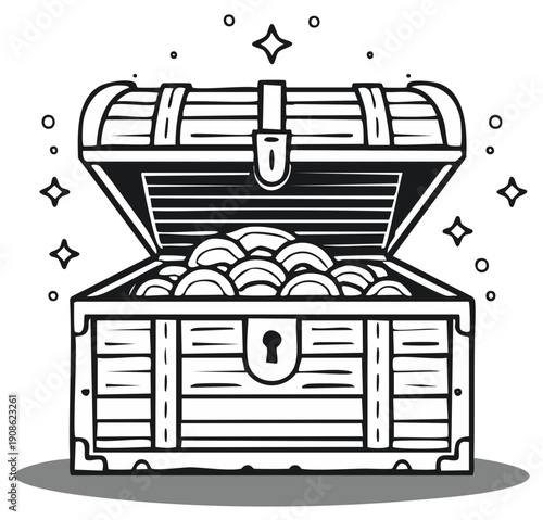 Vintage treasure chest filled with gold coins and sparkling stars