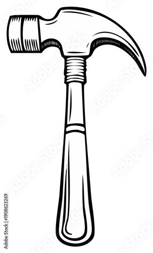 Detailed drawing of a classic claw hammer, construction and carpentry tool