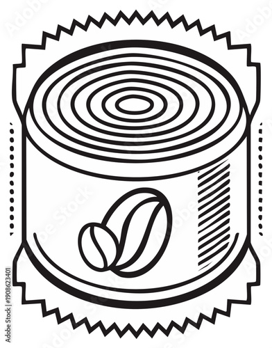 Black and white graphic coffee pod illustration in a wrapper design with coffee beans on the package.