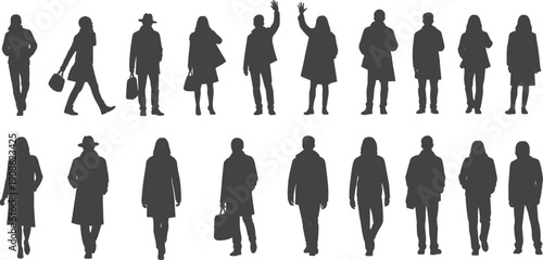 Urban people silhouettes collection, men and women walking standing waving, casual coats lifestyle crowd, modern city life illustration isolated