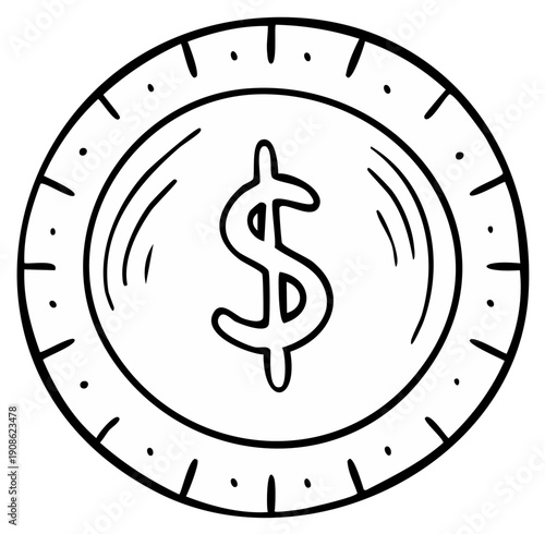 Hand drawn dollar coin icon in a simple black and white doodle style