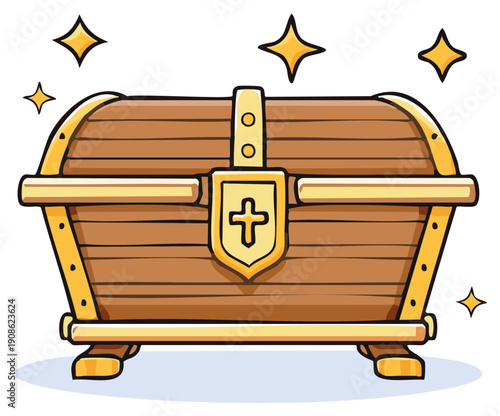 Vibrant cartoon wooden treasure chest with a golden cross shield lock and sparkling magic