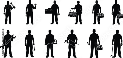 Worker silhouettes collection with tools, construction repair and maintenance professionals, industrial labor jobs concept, handyman equipment illustration isolated