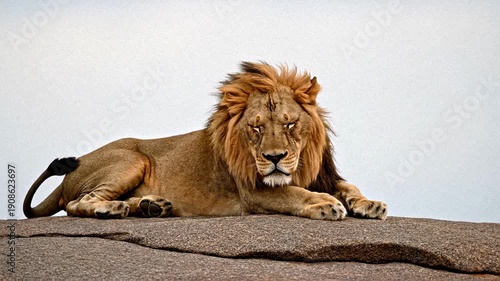 Majestic male lion with a full mane rests on a rock overlooking the savanna