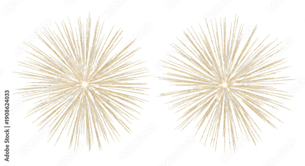 Obraz premium two vibrant, intricately detailed golden glitter fireworks bursts exploding, reflecting light on a pristine transparent background, captured with high-key studio lighting. Festive celebration