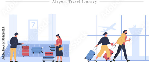 Premium Airport Travel Journey Illustration Baggage Claim, Departure Terminal and Flight Adventure Flat Vector