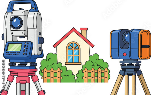 Surveying instruments with house property measurement vector illustration engineering equipment architecture mapping concept