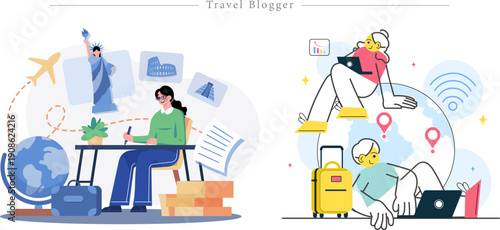 Premium Travel Blogger Illustration Digital Nomad, Content Creator and Global Adventure Flat Vector