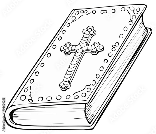 Illustration of a religious book with a cross emblem on the cover