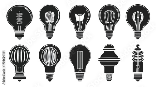 Collection of antique light bulbs, vintage incandescent lamps, retro electric lighting, historical filament designs, diverse illumination.