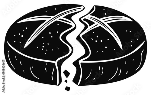 Illustration of a split loaf of bread with decorative lines