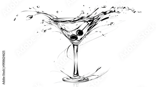 Stylized monochrome illustration of a martini glass with olives and dynamic liquid splash. Elegant black and white cocktail drink artwork.