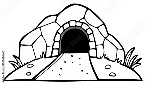 Illustration of a dark cave entrance with a rocky archway and a path leading into the darkness