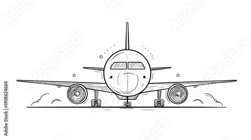 Detailed front view line art sketch of a passenger airplane, perfect for travel, aviation, and transport illustrations