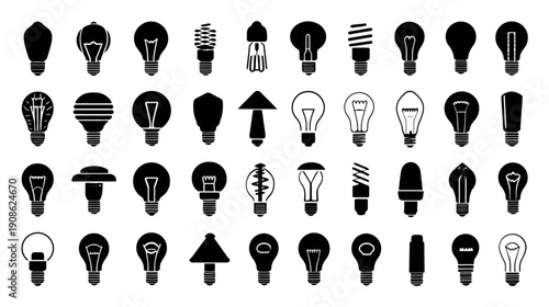 Diverse Light Bulb Icons Collection - Vector Silhouettes for Idea, Innovation, and Electricity Concepts