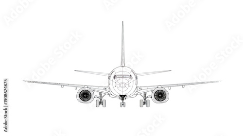 Front view outline drawing of a commercial passenger airplane. Detailed vector illustration of an aircraft for travel and transport.