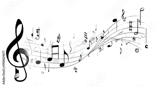 Dynamic black and white illustration of flowing musical notes and staves with a prominent treble clef, symbolizing music and harmony.