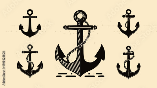 Vintage Nautical Anchor Vector Set: Classic Marine Symbols Collection with Ropes on a Light Background, Traditional Sea Elements