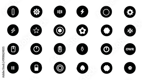 Comprehensive set of black and white user interface (UI/UX) vector icons for apps and web, including settings, power, multimedia, and status controls.