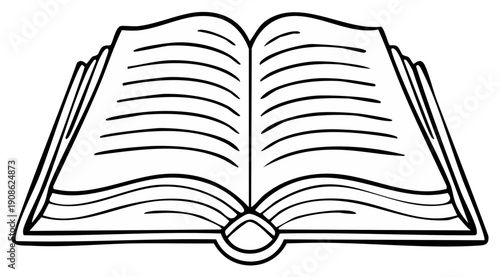Simple black and white line art illustration of an open book showing blank pages ready for text