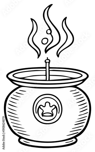 Hand drawn magical cauldron bubbling with smoke and mystical elements featuring a royal crown emblem