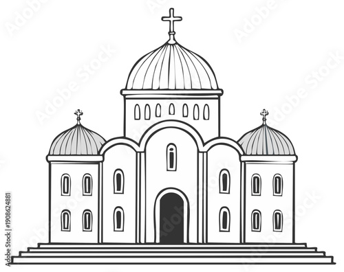 Ornate Eastern Orthodox Church Facade with Domes and Crosses
