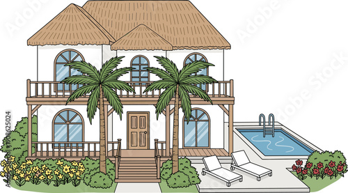 Tropical beach house with palm trees and pool vector illustration luxury vacation property exterior design