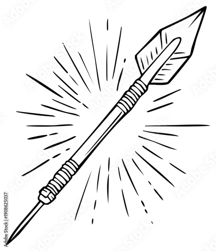 Hand drawn illustration of a primitive tribal spear with a sharp arrowhead and fletching