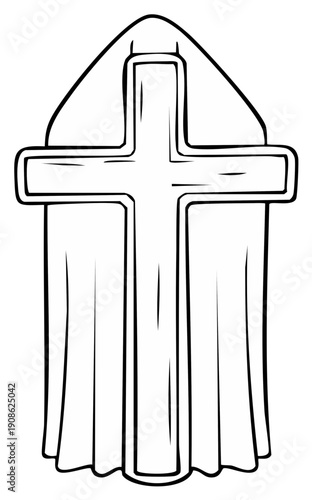 Stylized Christian Cross with Drapery Detail and Religious Symbolism Outline