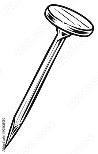 Illustration of a single metal construction nail with a sharp point and flat head