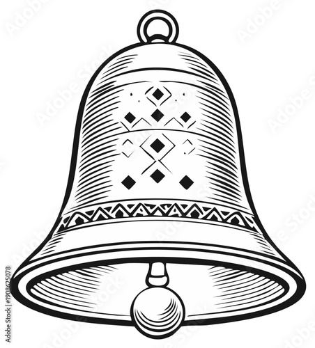 Classic Engraved Bell with Decorative Pattern and Clapper in Black and White Illustration