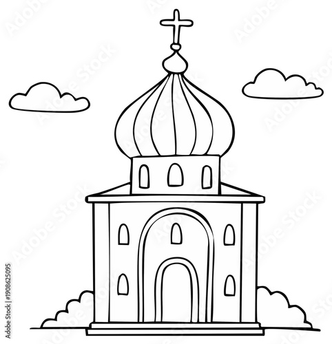 Black and white line drawing of a domed Orthodox church with a cross and clouds