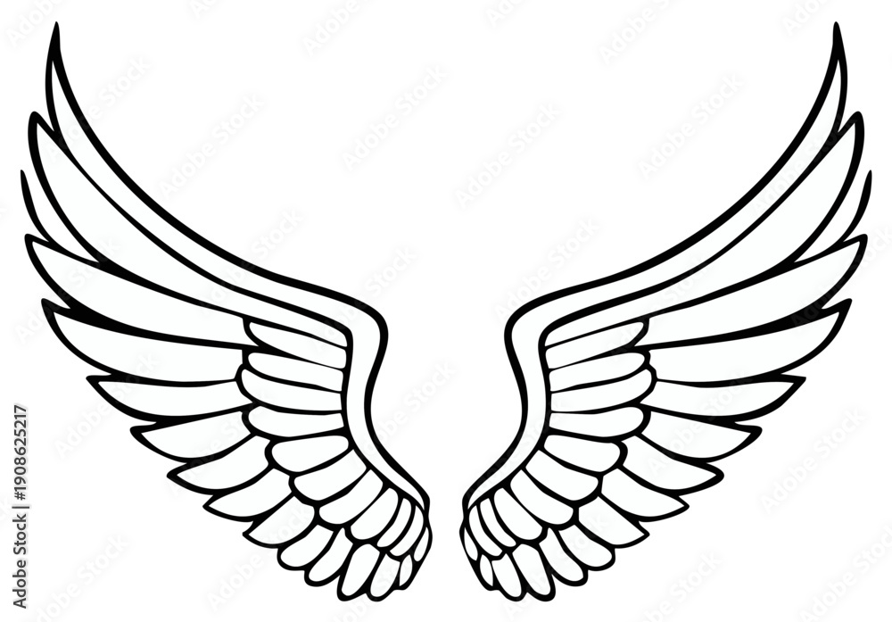 Fototapeta premium Elegant stylized angel wings design in outline black and white for graphic design elements